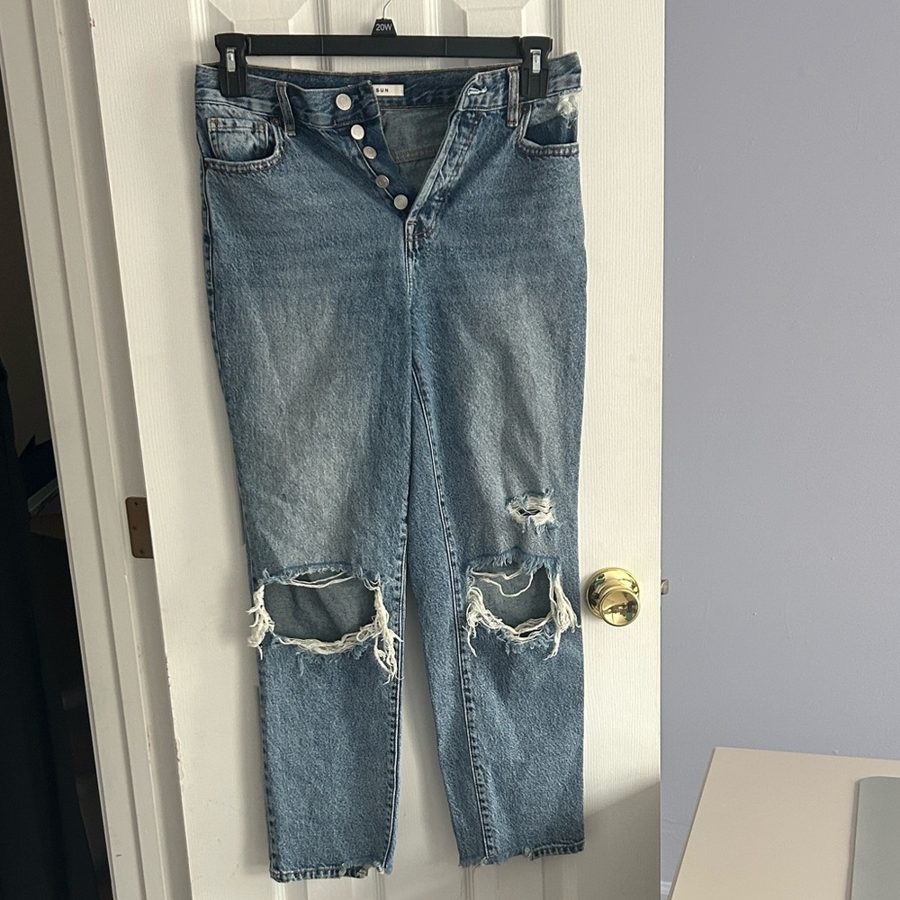 PacSun High Rise Straight Distressed Blue Denim Jeans Size 25 - Picture 2 of 12